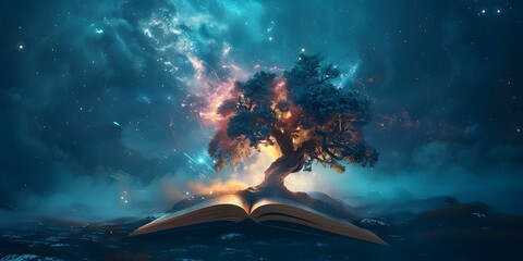 Fantasy Mythology Tree of Knowledge Emerging from Magical Book in Cosmic Landscape