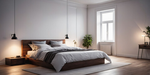 Modern Minimalistic Bedroom with Bed and Lamps. A simply furnished bedroom with a bed, two lamps on nightstands, and a window.