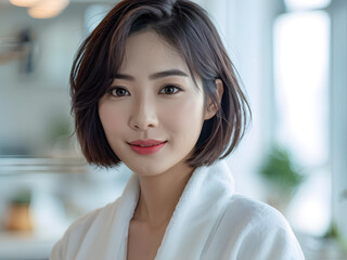 Fototapeta premium asian woman in a white robe is posing for a picture