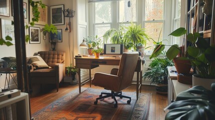 Fototapeta premium Cozy Sunroom with Abundant Greenery and Comfortable Seating, Ideal for Home Decor and Lifestyle Magazines