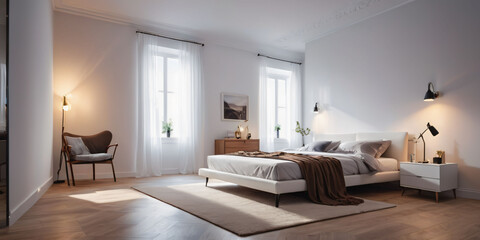 Fototapeta premium Modern Minimalistic Bedroom with Bed and Lamps. A simply furnished bedroom with a bed, two lamps on nightstands, and a window.