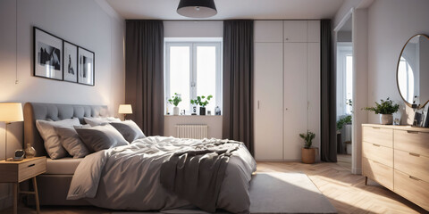 Modern Minimalistic Bedroom with Bed and Lamps. A simply furnished bedroom with a bed, two lamps on nightstands, and a window.