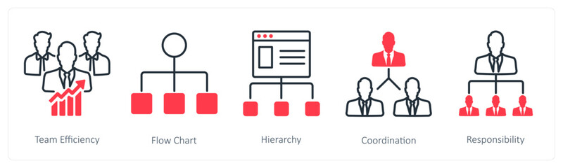 A set of 5 Business and Office icons as team efficiency, flow chart, hierarchy