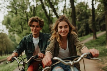 Young Caucasian Couple Enjoying Biking Together in Public Park