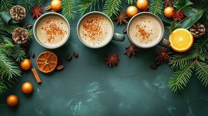 The warmth of winter hot drinks with a texture flat lay photography top view 