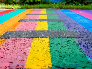 Colorful crosswalk with rainbow colors.