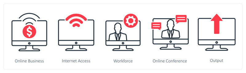 A set of 5 Business and Office icons as online business, internet access, workforce