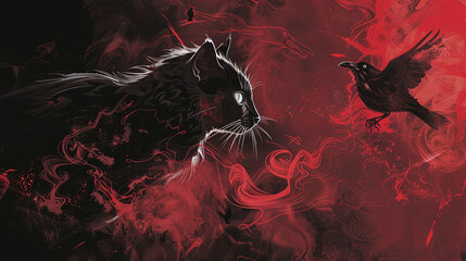 halloween background bloody red with a black cat and black crow