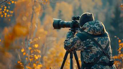 A man in camouflage and camera on tripod