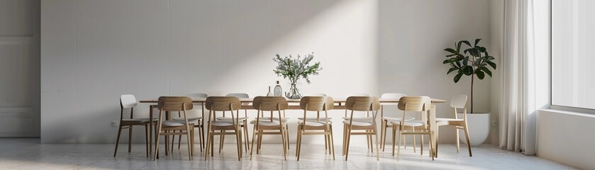 Minimalist Dining Area with a clean white wall as a backdrop, simple dining table with minimalist chairs