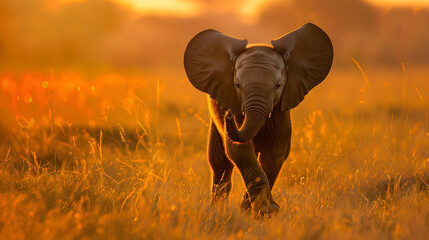 a baby elephant walking through a tall grassy field during the sunset.