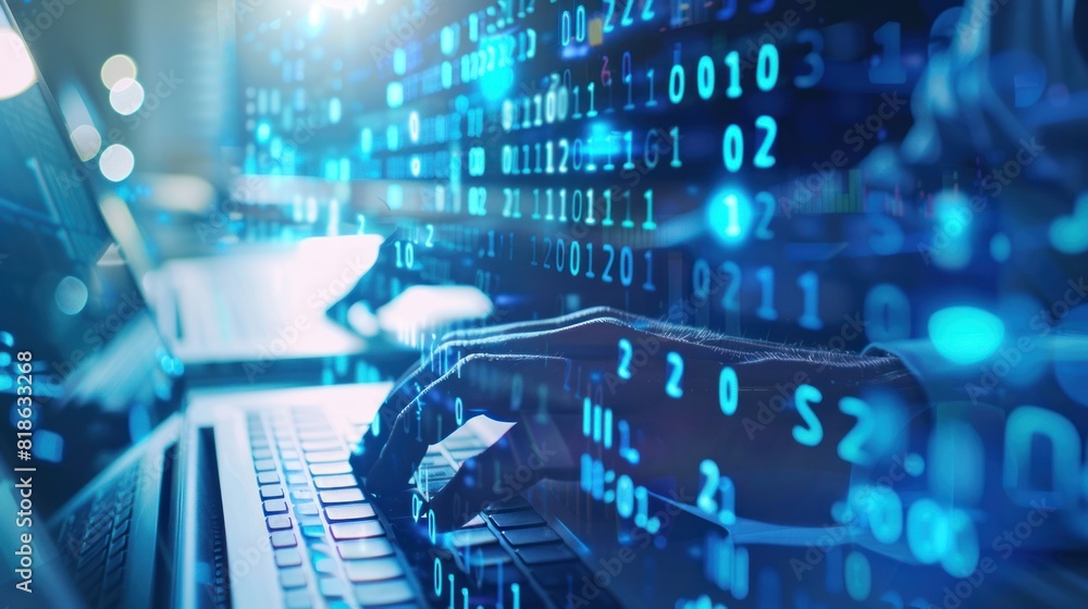 Poster hands typing on computer keyboard, with abstract code, online cyber attack, hack, threats and breach