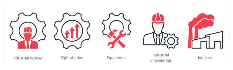 A set of 5 Industrial icons as industrial worker, optimization, maintenance