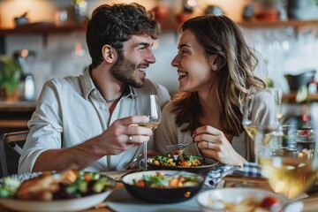 Happy Caucasian Couple Enjoying Lunch Together at Home