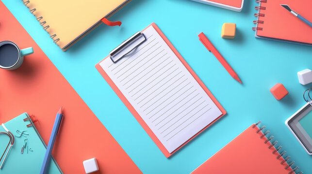 A cartoon rendering of writing pads in flat design, top view, focusing on a notetaking theme
