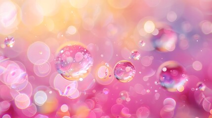 Abstract image of colorful bubbles floating against a backdrop of pink and yellow bokeh lights, creating a whimsical and lively effect.