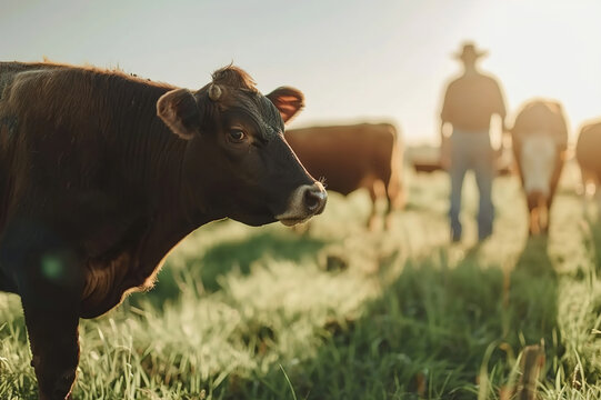 Farmer feeding free-range livestock on biodiverse pasture, biodynamic farming practices.
