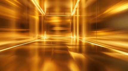 Stunning illuminated golden hallway with reflective surfaces, creating a luxurious and futuristic atmosphere, perfect for high-end designs.