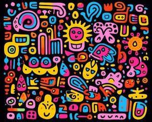 Colorful abstract illustration with various playful doodles and shapes on a black background, emphasizing creativity and joy.