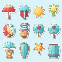 Colorful summer stickers with beach, trees, and sun elements on a light blue background, ideal for design projects.