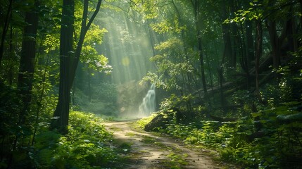 Fototapeta premium A serene forest scene with dappled sunlight filtering through the trees, illuminating a winding path leading to a hidden waterfall.