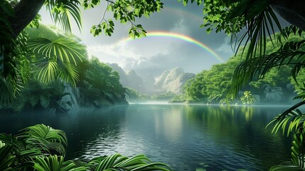 A serene lagoon framed by lush greenery, with a rainbow arching gracefully overhead after a passing storm.