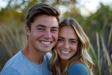 Obraz premium Perfect Smiles: How This Young Caucasian Couple Achieved Their Beautiful Grins Through Dental Care