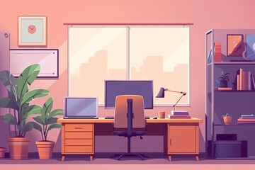 Fototapeta premium Modern home office setup with a desktop and laptop, bookshelves, plants, and cityscape view through the window in warm sunlight.