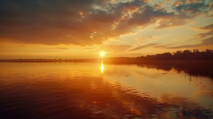 Obraz premium A serene sunrise over a calm lake, reflecting the warm colors of the morning sky