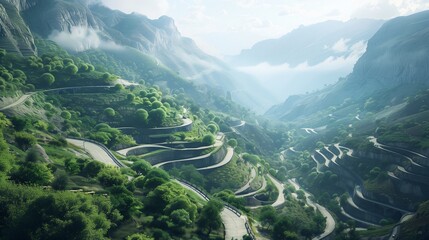 A series of hairpin bends snaking up a steep mountain pass, offering breathtaking panoramic views of the valley below.