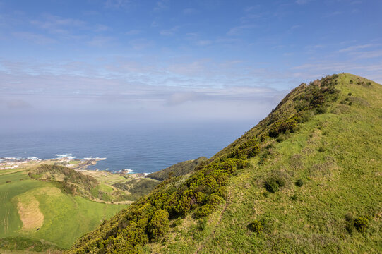 Scenic View Pico de Mafra, S&atilde;o Miguel Island, Azores - Lush Green Fields and Blue Sky - Background, Poster