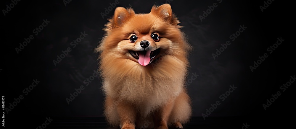 Poster A red pomeranian spitz is standing in a black studio with its gaze directed towards the side creating a copy space image