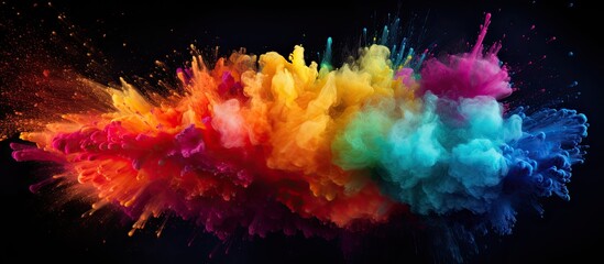 A colorful powder explosion captured in a freeze frame on a black background forming an abstract and splattered copy space image