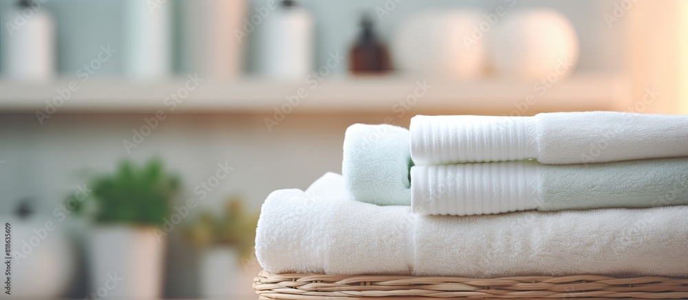 Aufkleber Blurred bathroom background provides a copy space image for product display montage featuring towels neatly arranged on a basket