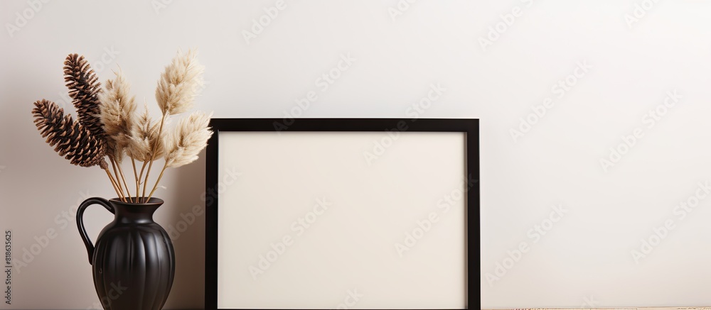 Poster Beige background with an empty black picture frame featuring a pinecone and vase providing copy space image