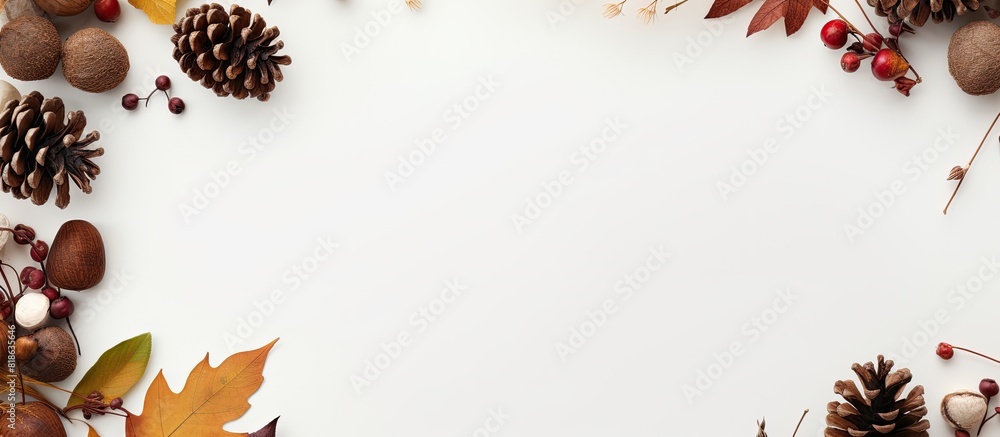 Aufkleber Top view of a copy space image featuring a fall themed background composed of leaves chestnuts pinecones and white square paper