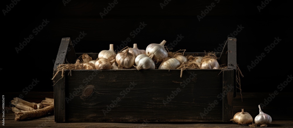 Poster a rustic wooden box holds a stack of organic farm garlic on a black wooden table with a copy space i
