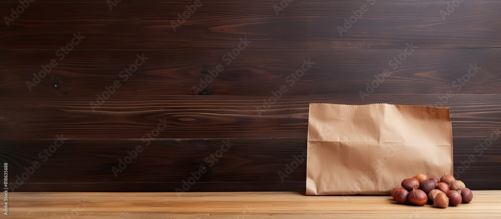 Poster A wooden table holding a paper bag filled with fresh sweet chestnuts A copy space image is available for adding text