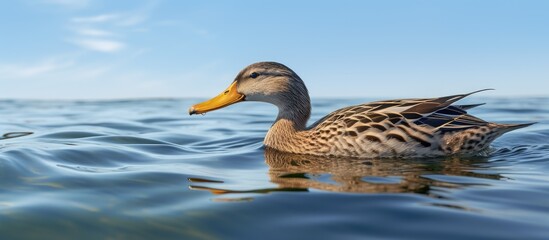 A close up image of a female mallard with brown plumage swimming on the blue water surface of the lake providing copy space