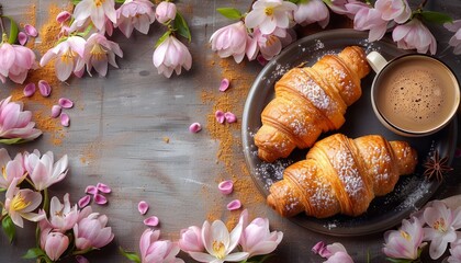 Delicious croissants with coffee surrounded by fresh flowers on rustic table. Perfect breakfast setting with pastries and espresso.