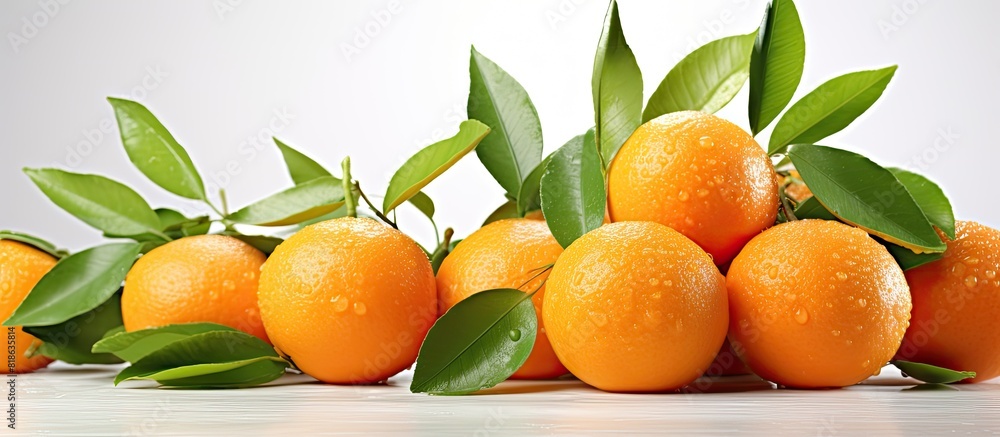Poster isolated on a light background there is a copy space image of fresh ripe mandarins or tangerines alo