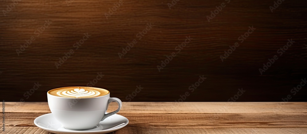Aufkleber a cup of espresso with a white design rests on a wooden table that has a background of wood the imag