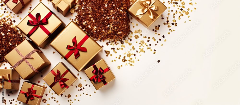 Aufkleber Aerial view of Christmas gift boxes on a white background with space for additional content in the image