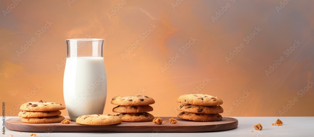 Poster A copy space image of homemade cookies with boiled condensed milk on a table background