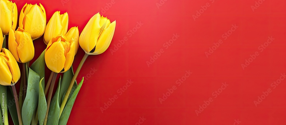 Poster a copy space image featuring red tulips set against a vibrant yellow backdrop