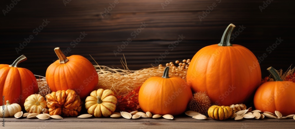 Poster an assortment of pumpkins and pine nuts in an autumnal copy space image
