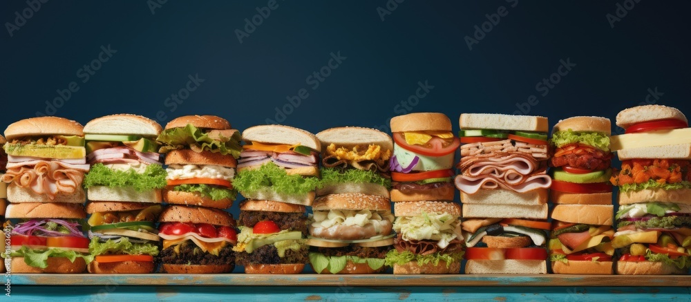Poster colorful background showcasing a board filled with delicious sandwiches leaving ample copy space for