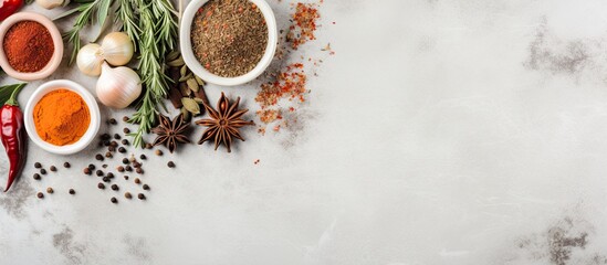 Obraz na płótnie Canvas Copy space image of kitchen accessories sauce spices and herbs arranged on a light gray stone background