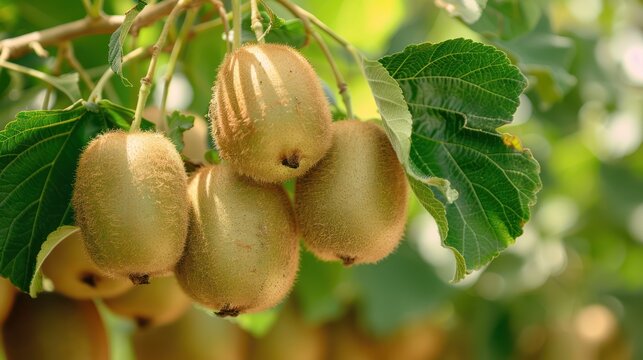 Ripe kiwi fruit on organic farm tree stalk, green leaves background.