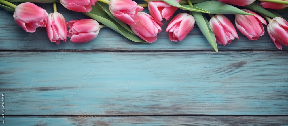 Poster a copy space image of pink tulips blooming in spring set against a weathered backdrop of blue painte